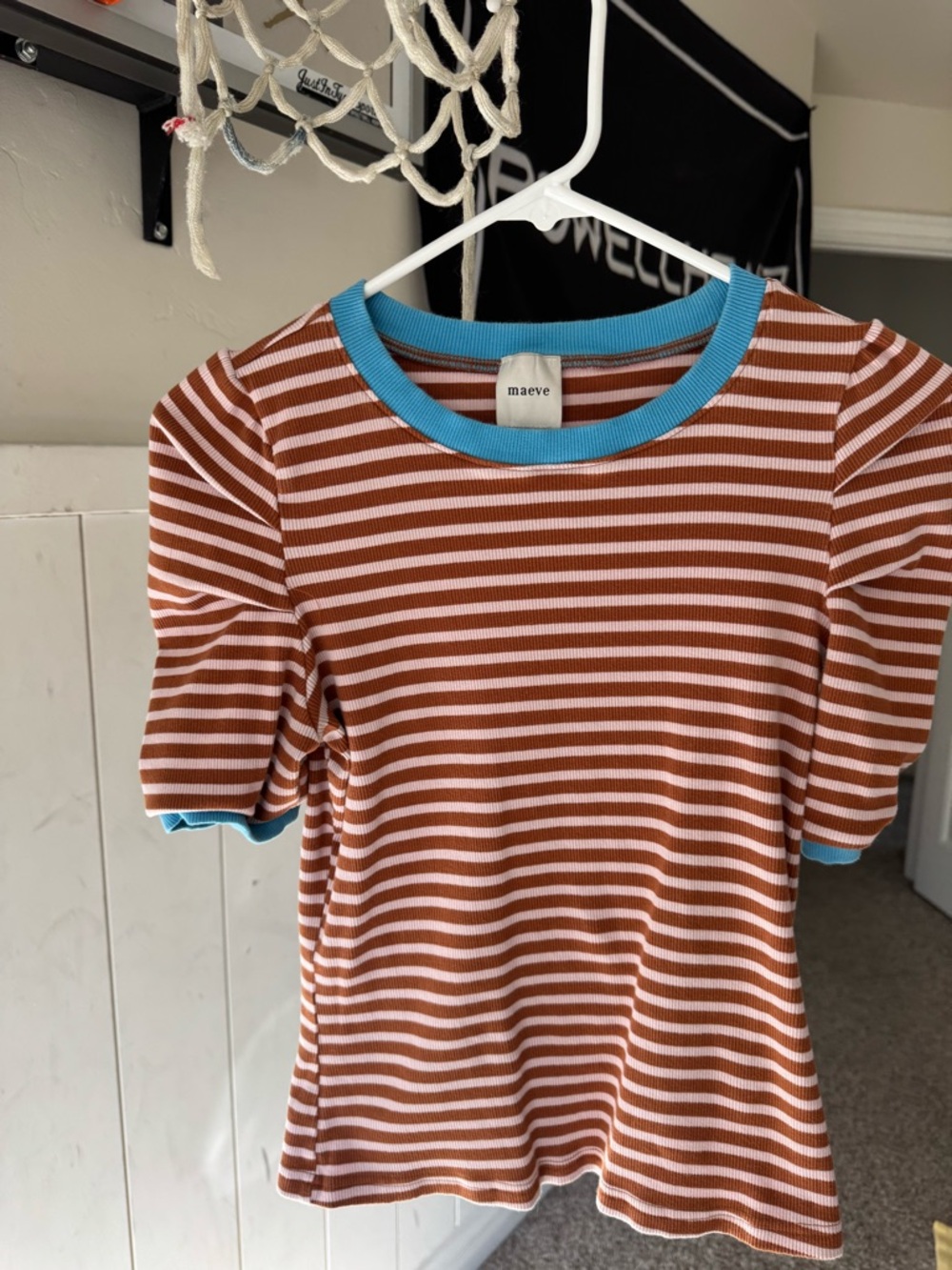 Maeve Brown and White Striped Short Sleeve Top with Blue Trim